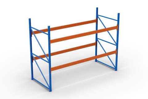 Paletový regál 5,4 m × 1,1 m × 3 m, farba modro-oranžová